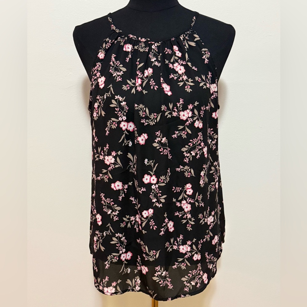 Tacera Black Floral Sleeveless Blouse